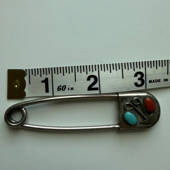 Vintage Pin Brooch Navajo Native American Sterling Silver Red Turquoise Boho - Picture 3 of 4